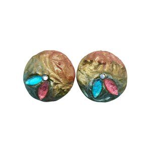 Vintage 1980s Enamel Circular Post Earrings With Rhinestone Leaf Accents